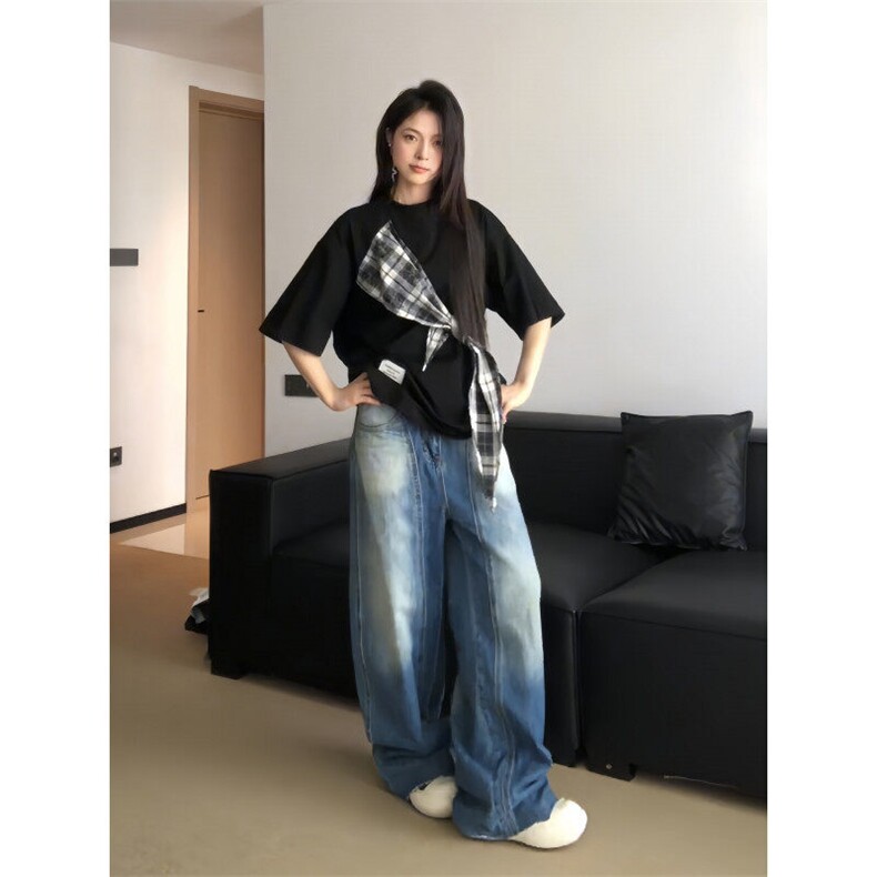 【有货】PX01CC-特P38格子拼接蝴蝶结短袖t恤男女,男装T恤,星座1007（原301D）