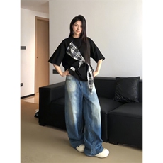 【有货】PX01CC-特P38格子拼接蝴蝶结短袖t恤男女，男装T恤，星座1007（原301D）