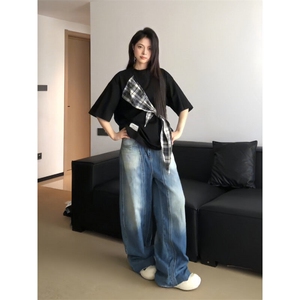 【有货】PX01CC-特P38 格子拼接蝴蝶结短袖t恤男女图片