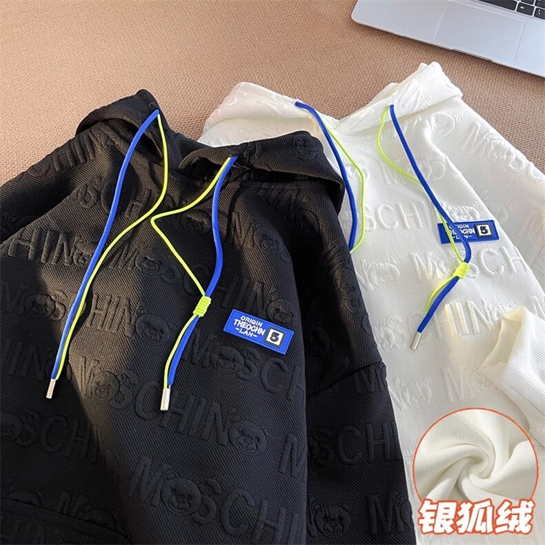 银狐绒卫衣男小众设计感秋冬美式重磅华夫格加绒胖子大码连帽外套图片