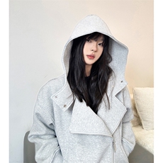 抖音得物品质26春装美式重磅结构斜拉链高领连帽卫衣开衫外套W61，女装短外套，电商A486
