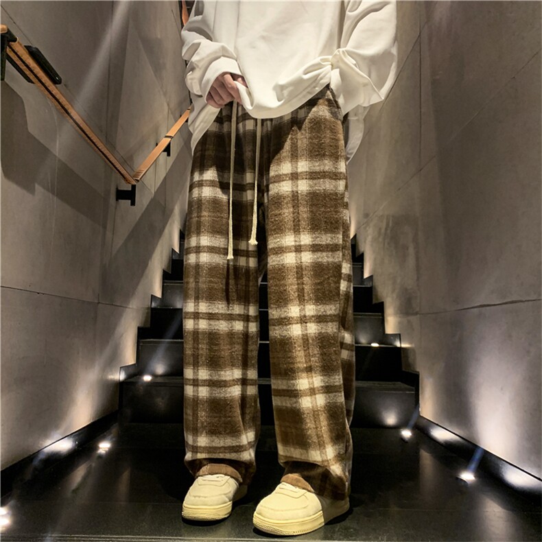 冬季加厚毛呢料格子休闲裤大码宽松直筒长裤子A017K603P58,男装休闲裤,电商A017