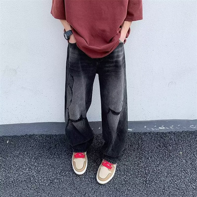 黑色牛仔裤男款美式设计感破洞做旧街头百搭阔腿直筒长裤~NK7650,男装牛仔裤,星座601-2