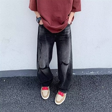 黑色牛仔裤男款美式设计感破洞做旧街头百搭阔腿直筒长裤~NK7650，男装牛仔裤，星座601-2