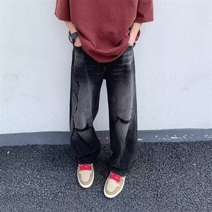 黑色牛仔裤男款美式设计感破洞做旧街头百搭阔腿直筒长裤~NK7650图片