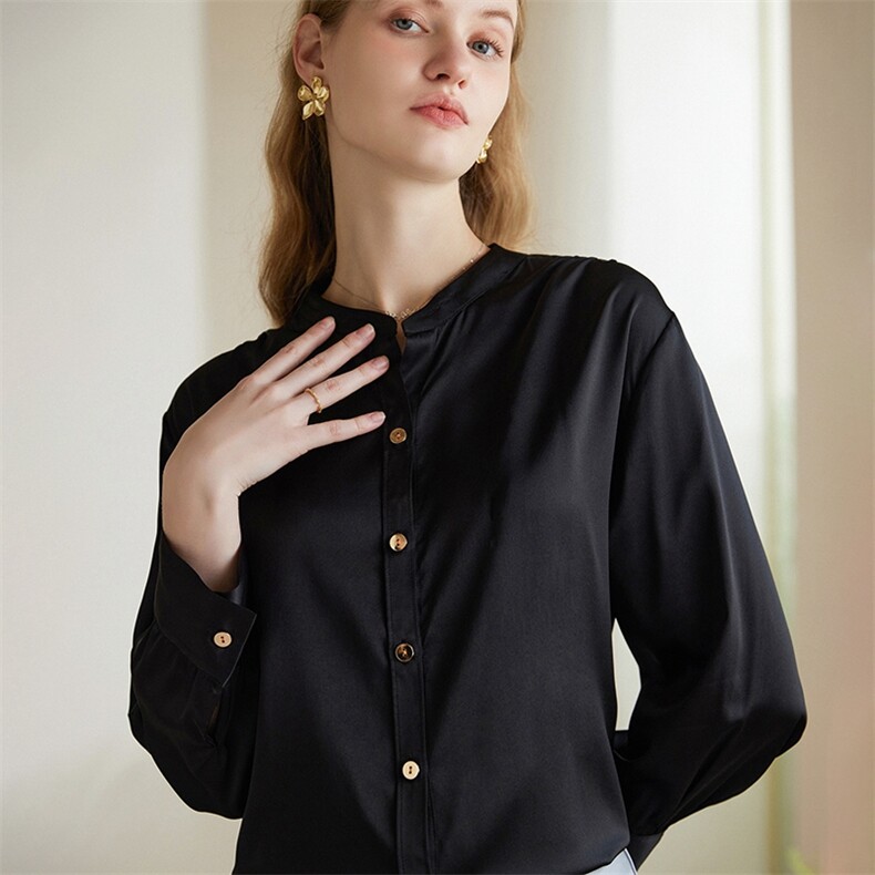 气质优雅小V领高级设计丝光H型显瘦长袖衬衫，女装衬衫，澳冬特羊绒