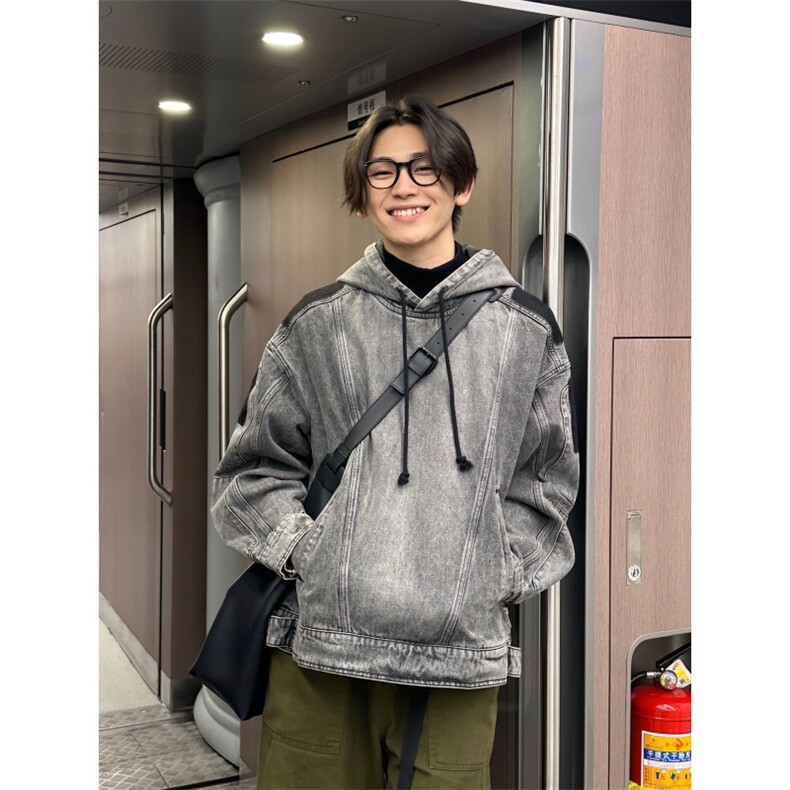 【有货】拼接牛仔卫衣男款春秋高级感痞帅水洗夹克JK8622LL-特P75,男装夹克,星座1007（原301D）