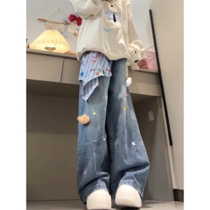 美式涂鸦阔腿牛仔裤2026年春秋新款设计感小众高腰显瘦宽松直筒裤图片