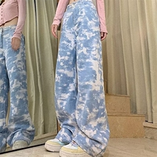 美式复古迷彩工装裤女春秋新款甜酷风宽松直筒垂感牛仔裤子潮，男装牛仔裤，星座1210-1