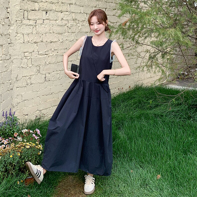 设计感薄纱拼接深蓝色无袖连衣裙女2025夏季轻熟风气质淡人背心裙,女装连衣裙,纯色衣恋