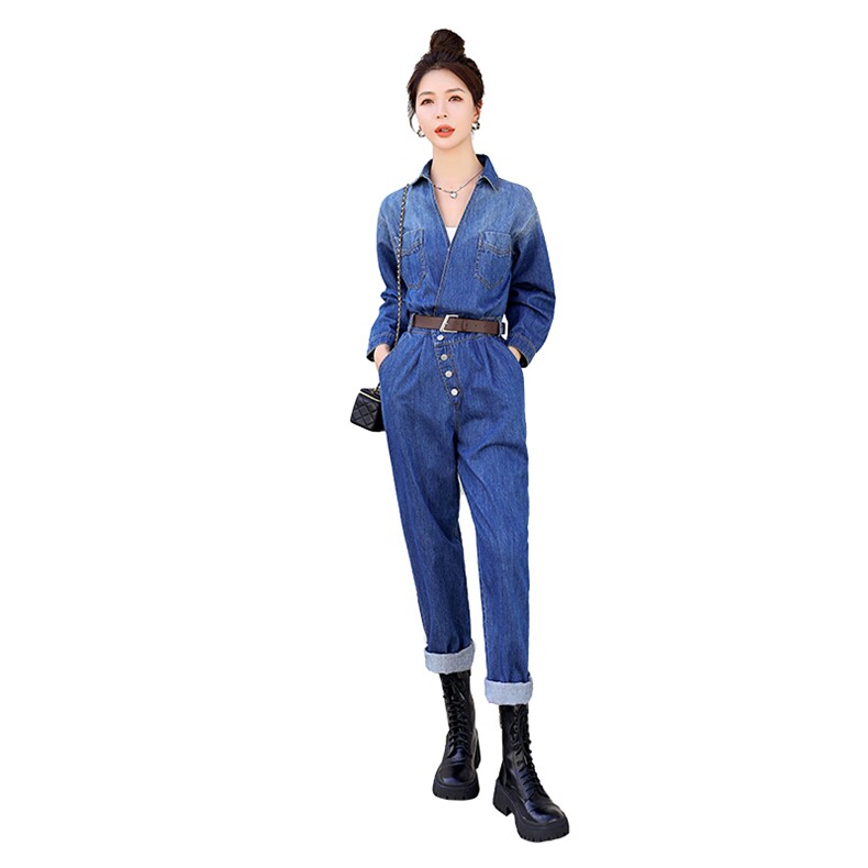 时尚显瘦牛仔连体裤女宽松高腰长袖工装裤休闲百搭气质女装,女装连体裤,秋水欣儿