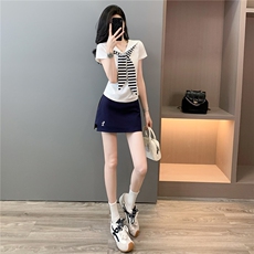 时尚运动套装裙女夏新款俏皮可爱蝴蝶结海军领短袖上衣裤裙两件套，女装套装/套裙，江南