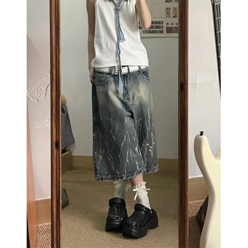 大码美式复古闪电爆裂纹牛仔七分裤夏季新款高腰宽松阔腿中裤子,男装牛仔裤,星座601-1