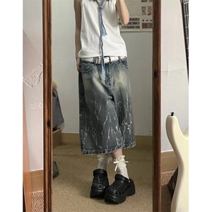大码美式复古闪电爆裂纹牛仔七分裤夏季新款高腰宽松阔腿中裤子图片