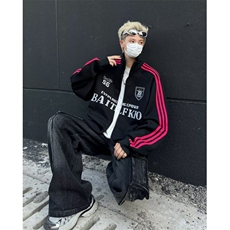 美式拉链袖子条纹开衫外套男女宽松情侣棒球服运动夹克Y8055-53，男装夹克，星座1001-1