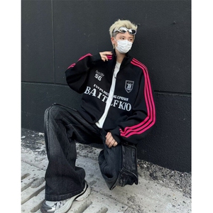 美式拉链袖子条纹开衫外套男女宽松情侣棒球服运动夹克 Y8055-53图片