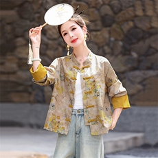 新中式香云纱宋锦外套女早春新款轻熟减龄轻GF高级感盘扣上衣，女装短外套，衣之秀