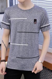 夏季冰丝短袖男横条卫衣男T恤男五分袖圆领套头印花男灰T9506图片