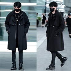 得物直播货假两件双层领风衣男中长款大衣男白底F-104批125外景C，男装风衣，星座401