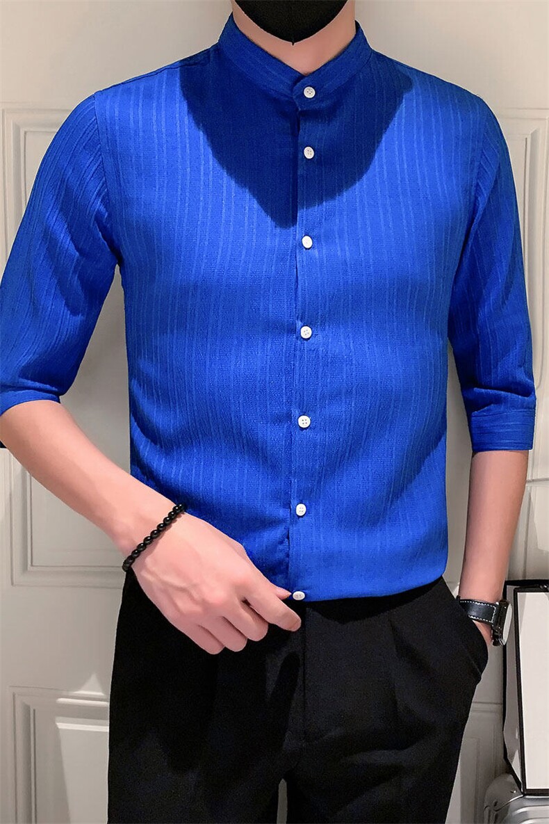 店主风社会小伙男士立领纯色中袖衬衫男痞帅衬衣301/CS398/P55,男装衬衫,星座301A-1