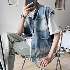 美式破洞牛仔马甲男款夏季潮牌无袖坎肩背心潮流翻领工装夹克外套，男装背心/马甲，星座505-2（原电商A260-1)