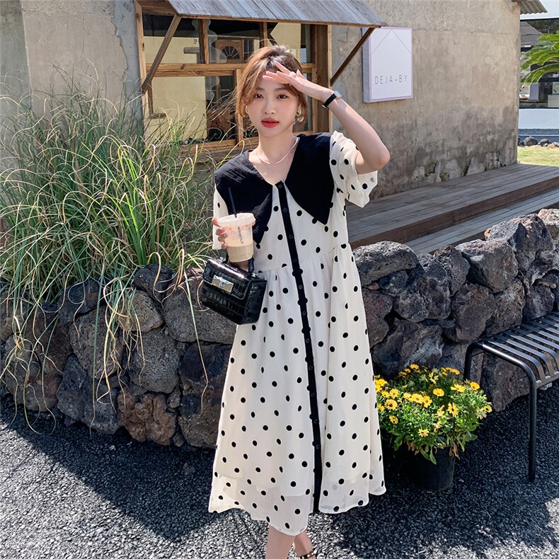 宽松慵懒风娃娃领波点连衣裙女春夏2025新款大码胖mm减龄显瘦长裙,女装连衣裙,2C090