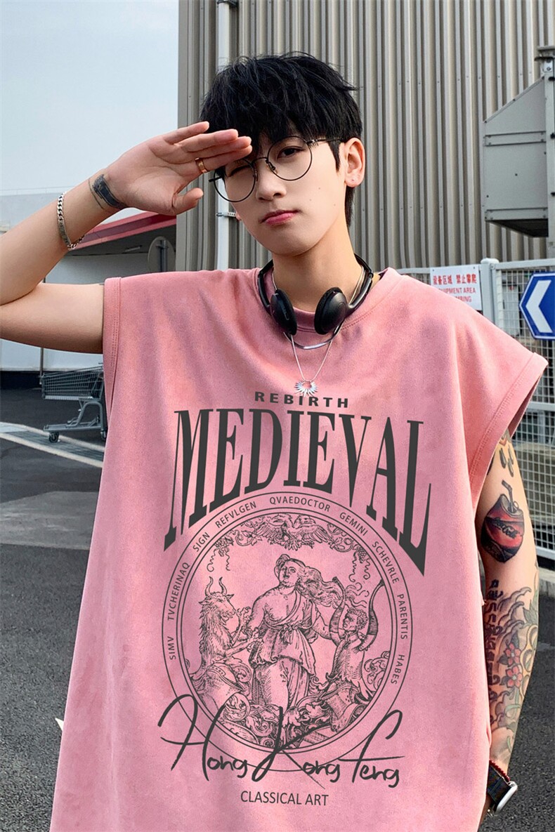 ！2025夏季新款男士麂皮绒无袖T恤情侣印花背心TLBX11特P18,男装T恤,电商B220