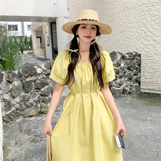 夏短袖连衣裙韩系方领细带收腰少女系减龄小众连衣裙L505P130-185，女装连衣裙，2C220
