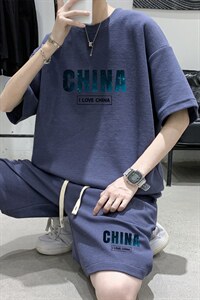 ！2024夏季男士简约字母印花男士华夫格短袖套装HTZ16P50图片