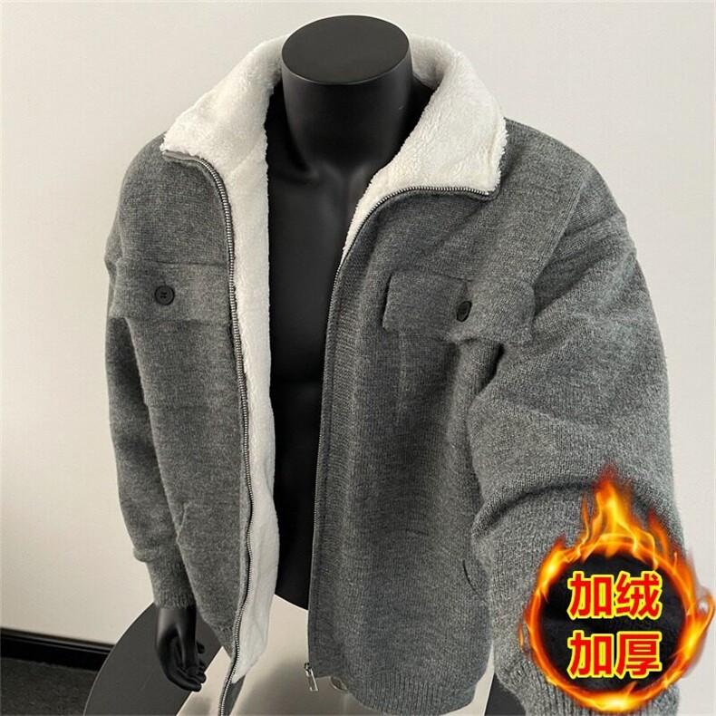 复古羊羔绒翻领针织夹克开衫工装外套男慵懒保暖棉衣MT26，男装针织衫/毛衣，星座1116A（原606A-3）