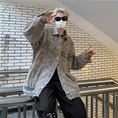 美式复古毛边火焰刺绣牛仔外套男春秋季新款水洗潮牌痞帅工装夹克，男装夹克，星座716-3