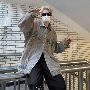 美式复古毛边火焰刺绣牛仔外套男春秋季新款水洗潮牌痞帅工装夹克图片