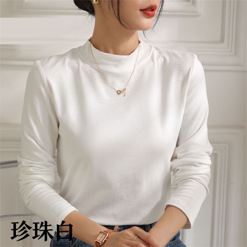 防走光不规则方领螺纹棉长袖打底衫，女装T恤，思沃羊绒