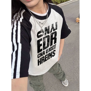 抖音得物品质二开240克宽松纯棉美式潮牌插肩三杠织带短袖T恤图片
