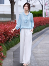 苎麻套装女夏2026新款宽松休闲时尚减龄棉麻阔腿裤两件套，女装套装/套裙，鑫源服饰
