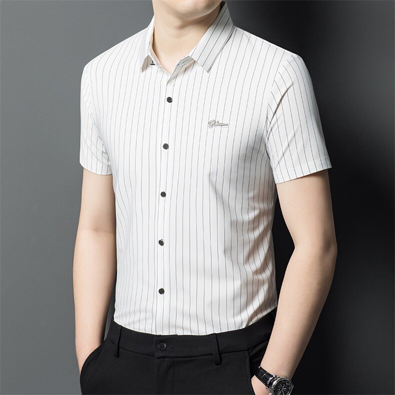 新款男士条纹短袖衬衫男条纹免烫时尚品质商务宽松潮服上衣图片