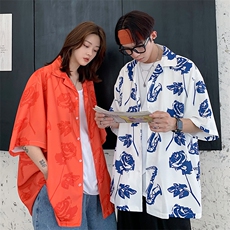 2021情侣装夏装新款原宿玫瑰印花夏威夷短袖衬衫外套D86P48女类，女装衬衫，电商A335-1（原A458）
