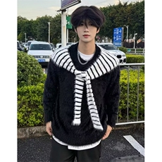 简约外搭撞色条纹披肩风圆领宽松长袖针织上衣男两件套M514，男装卫衣，星座1116A（原606A-3）
