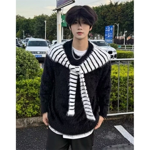 简约外搭撞色条纹披肩风圆领宽松长袖针织上衣男两件套 M514图片
