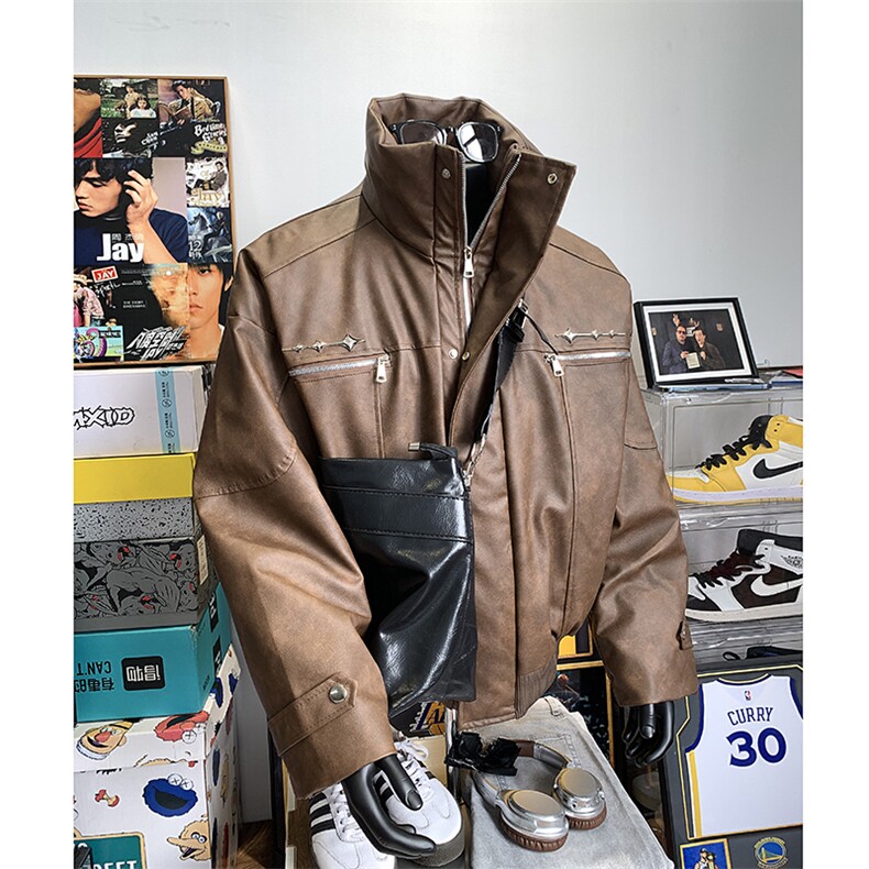 405A美式复古个性金属设计短款皮衣棉服MY24916-特批108控178,男装皮衣,星座405A