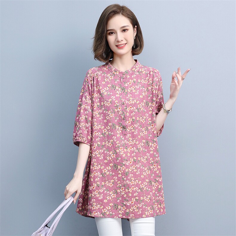 2021夏季新款简约气质圆领中长款休闲舒适碎花衬衫,女装衬衫,悦见她