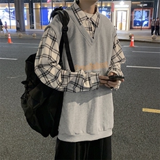 假两件男装格子新品拼接polo领卫衣春上衣服外套现货W385-P42，男装卫衣，星座512-2