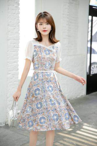 夏季新款韩版花色淑女气质连衣裙，女装连衣裙，水锦红