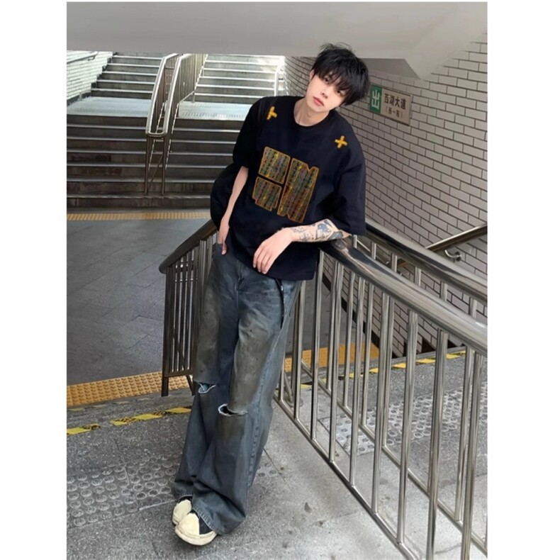 自制款现货美式复古字母刺绣短袖,男装T恤,星座910A