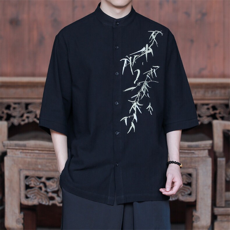 现货25棉麻风刺绣竹叶立领短袖衬衫T恤男女A021-T29-p65控89,男装T恤,电商A021