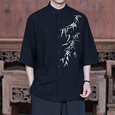 现货25棉麻风刺绣竹叶立领短袖衬衫T恤男女A021-T29-p65控89，男装T恤，电商A021