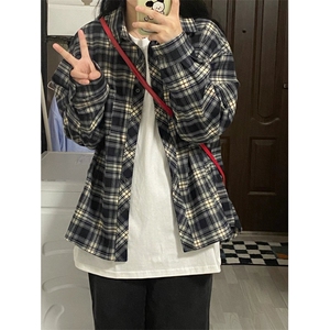 蓝色藏青格子衬衫男美式复古长袖衬衣春季情侣装V3211-P38图片