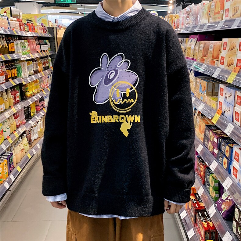 1港风新款宽松休闲中性情侣潮流印花毛衣男外套7676P48加绒P55,男装针织衫/毛衣,星座226-2
