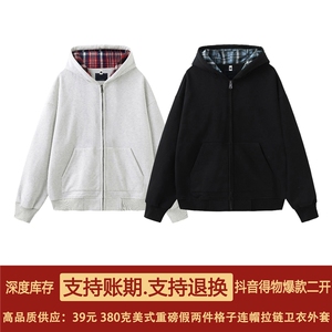 抖音得物二开25秋冬美式重磅假两件格子连帽卫衣开衫外套W17图片