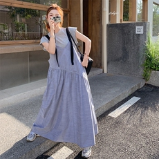 学院风拼接假两件条纹背带连衣裙女2025夏季新款韩版宽松a字长裙，女装连衣裙，2C158